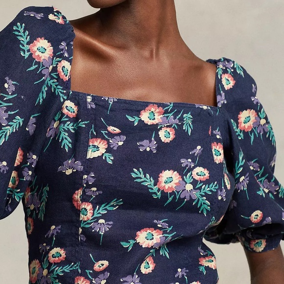 Polo Ralph Lauren 12 Top 100% Linen Blue Floral Puff Sleeve Square Neck NWT - Picture 7 of 14